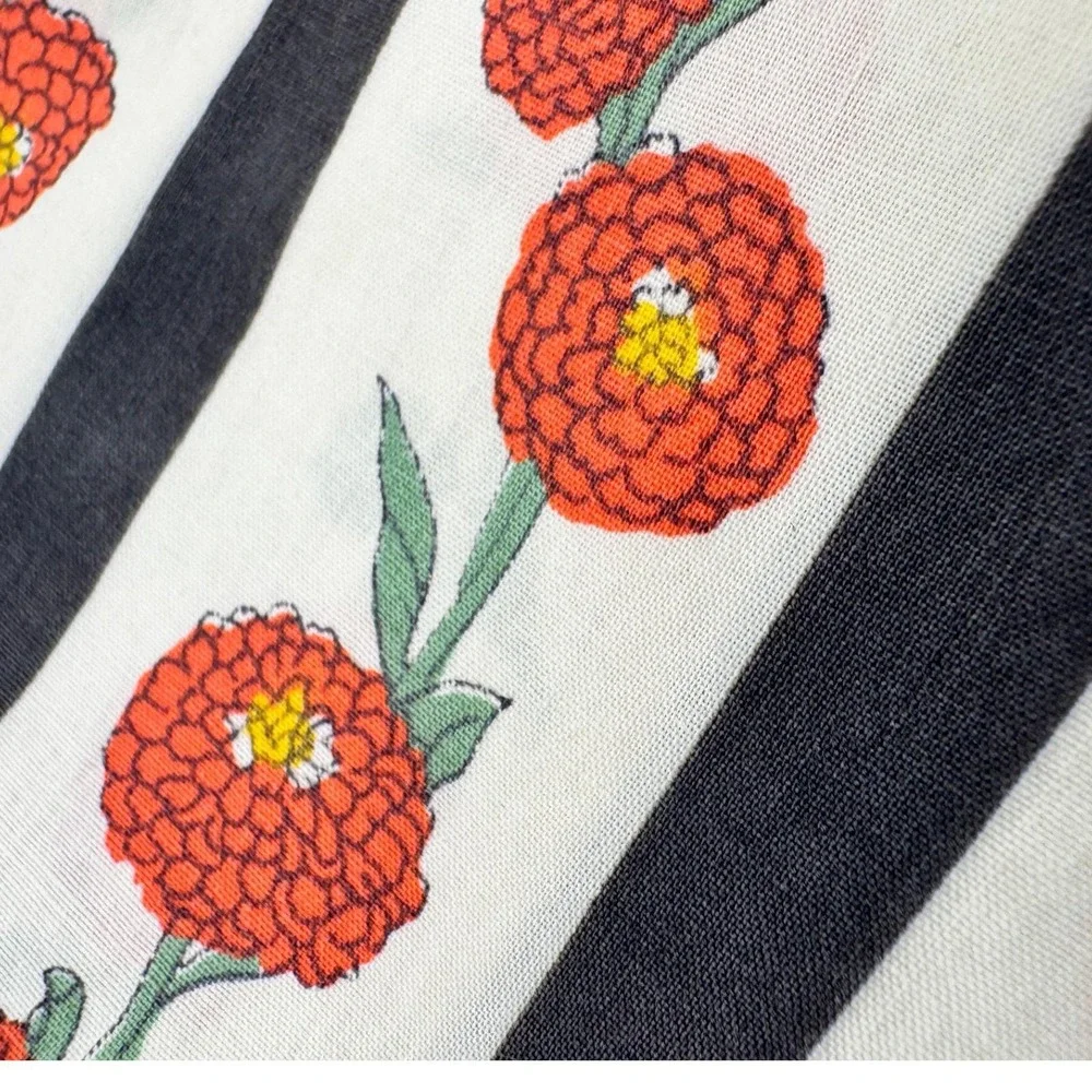 Vintage Floral Stripe‎ Napkins Set-6 Red Orange Flowers Black White cottagecore